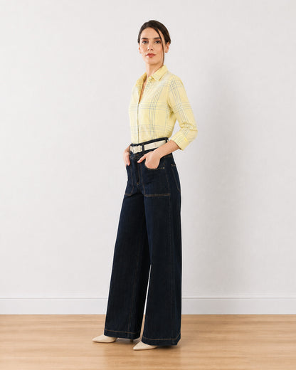 Earnia yellow checks cotton office shirt with 3/4 rolled sleeves, angled front view
