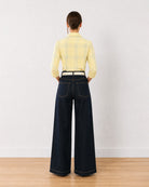 Earnia yellow checks cotton office shirt, back view showing the centre back pleat