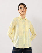 Earnia yellow checks cotton shirt with a curved hem and dignity buttons in the placket, front view