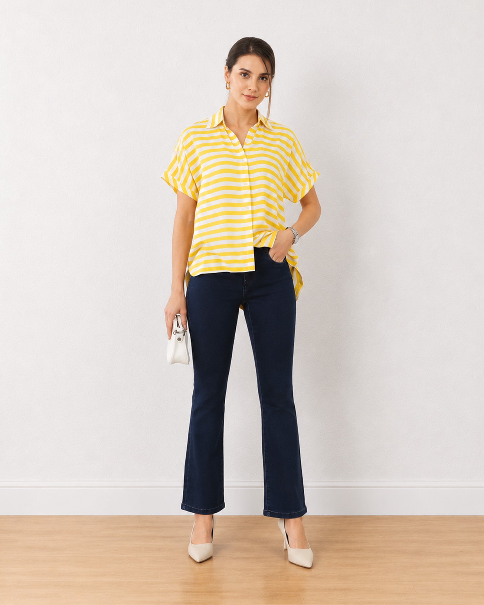 Gazillion Eartha yellow stripes office shirt for women, full-length front view