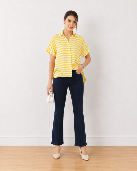 Gazillion Eartha yellow stripes office shirt for women, full-length front view