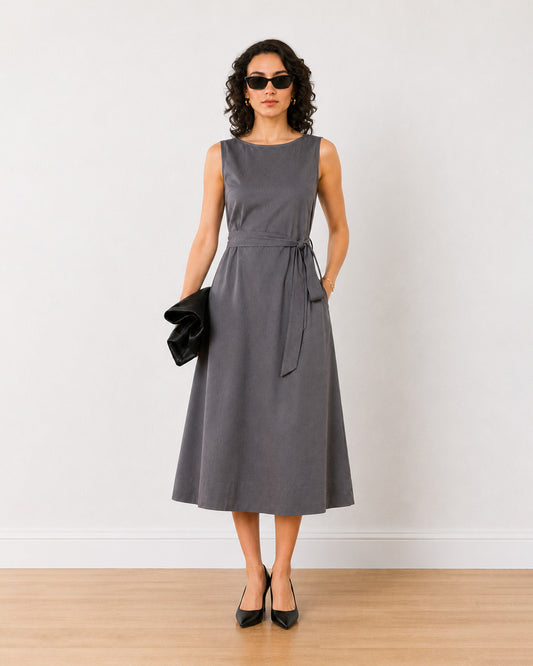 Gazillion Ebba grey soft linen midi dress for women, full-length front view with soft voile lining