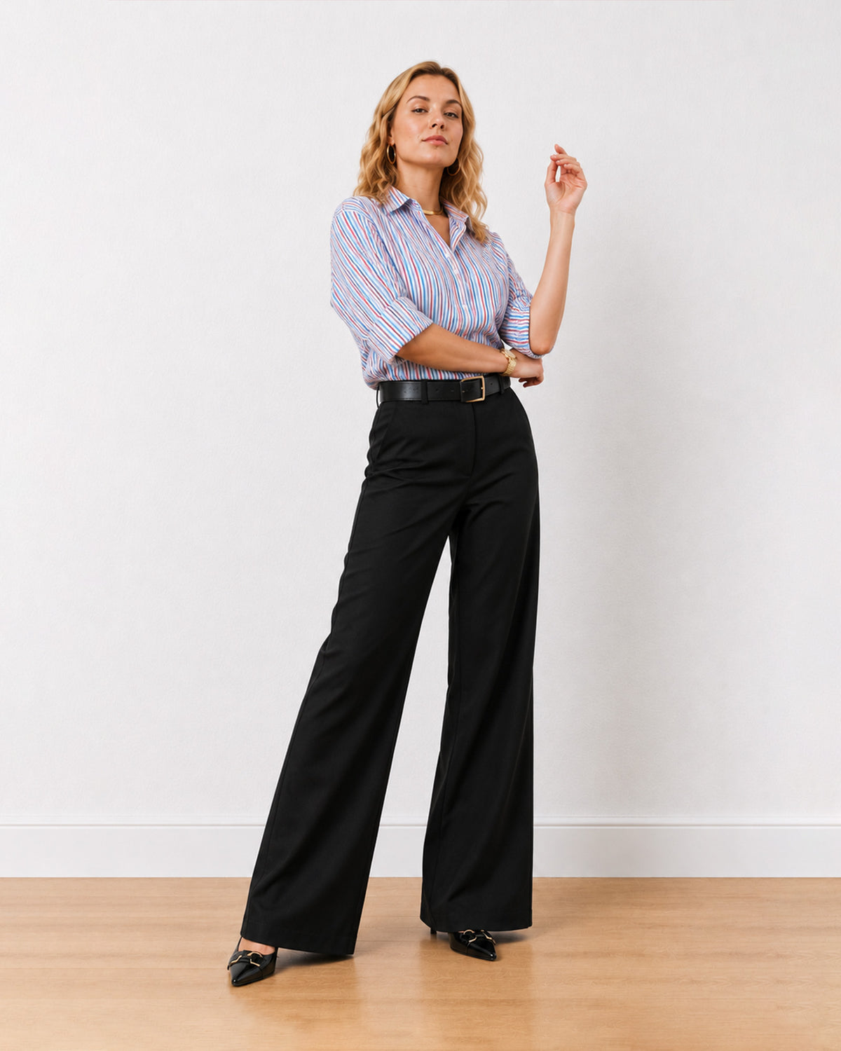Edilia striped cotton oversized shirt with rolled up sleeves, front view