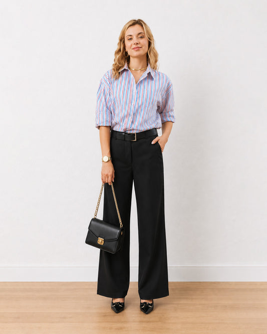 Gazillion Edilia blue and red stripes cotton oversized shirt for women, full-length front view