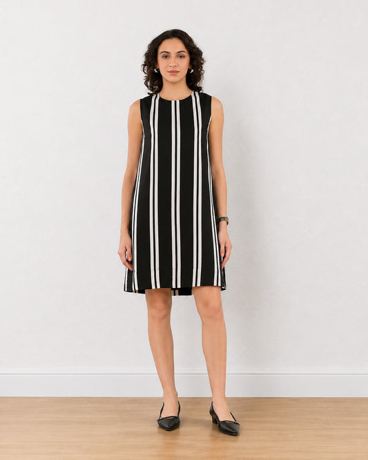 Gazillion Elenora black and white stripes formal shift dress for women, knee length, full-length front view