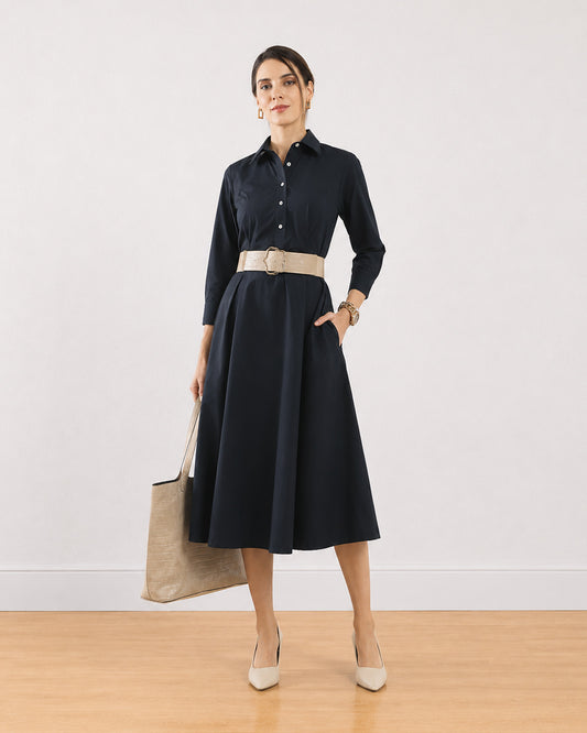 Gazillion Elinda black cotton formal midi dress for women, full-length front view