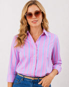Elisha pink stripes cotton shirt front view with button placket and rolled sleeves