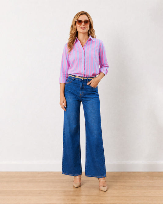 Gazillion Elisha pink stripes cotton formal shirt for women, full-length front view