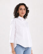 Elizabeth white cotton shirt with a boxy fit and 3/4 sleeves, front view