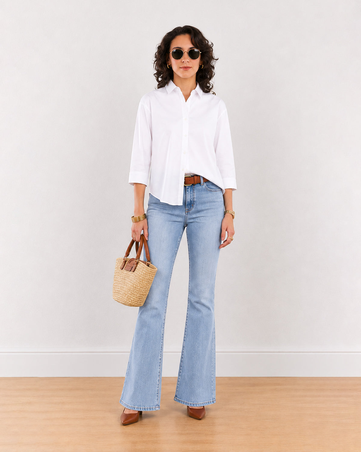 Gazillion Elizabeth white pleated back cotton shirt for women, full-length front view with all-over back pleats