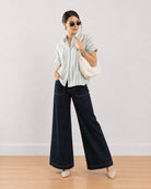 Elle sage green stripes cotton office shirt with a curved hem, front view