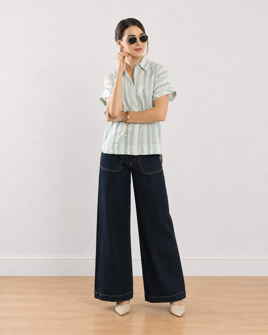 Gazillion Elle sage green stripes cotton office shirt for women, full-length front view