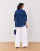 Ellie dark blue stylish cotton shirt, back view showing all-round gathers
