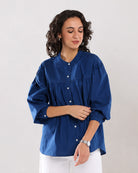 Ellie dark blue cotton shirt with 3/4 puff sleeves, front view