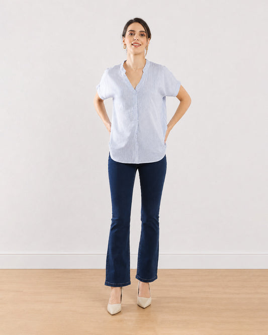 Gazillion Ellora blue and white stripes formal top for women, full-length front view