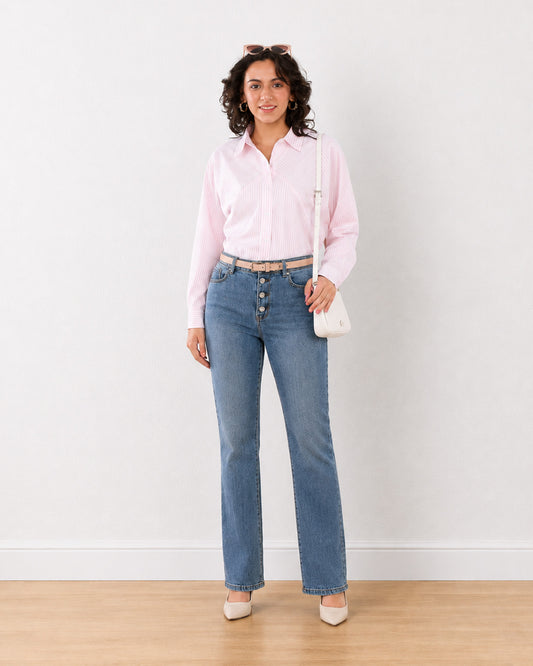 Gazillion Ellory pink stripes cotton formal shirt for women, full-length front view