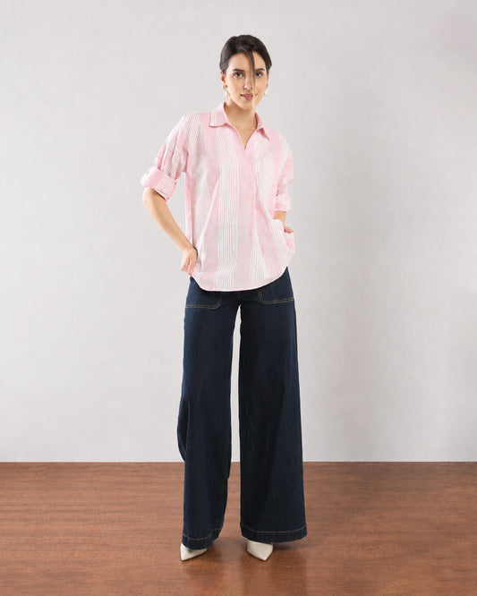 Gazillion Elna pink stripes cotton pullover shirt for women, full-length front view