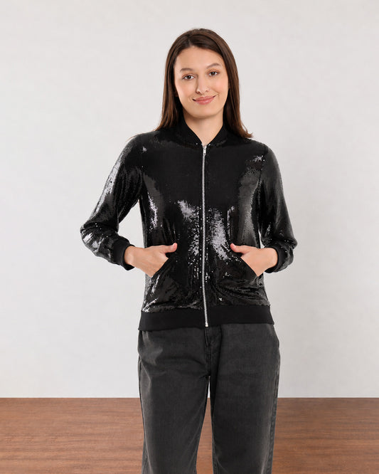 Elsie black sequined cropped bomber jacket with a front zipper, front view