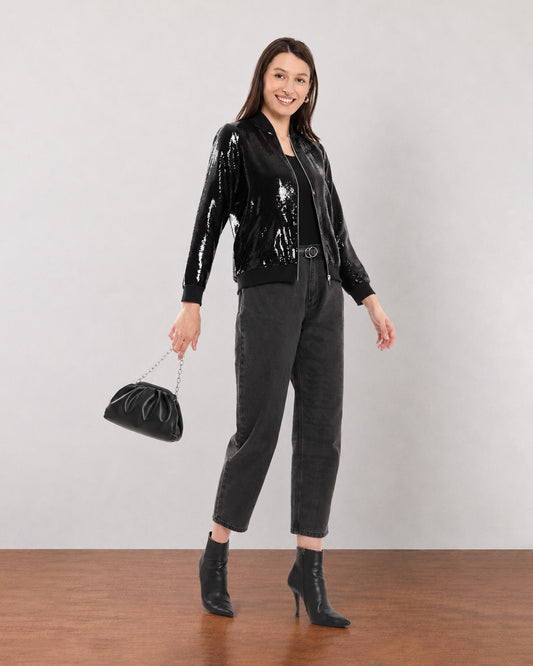 Gazillion Elsie black sequined cropped bomber jacket for women, full-length front view