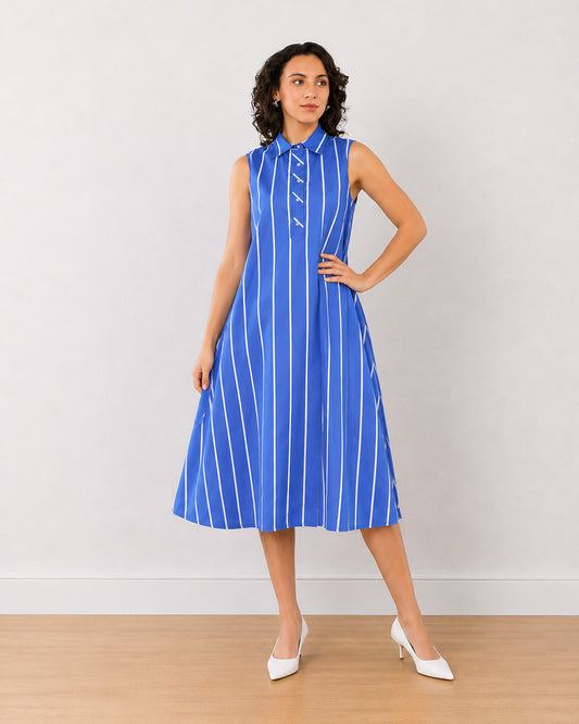 Gazillion Elva blue and white stripes cotton midi dress for women, full-length front view