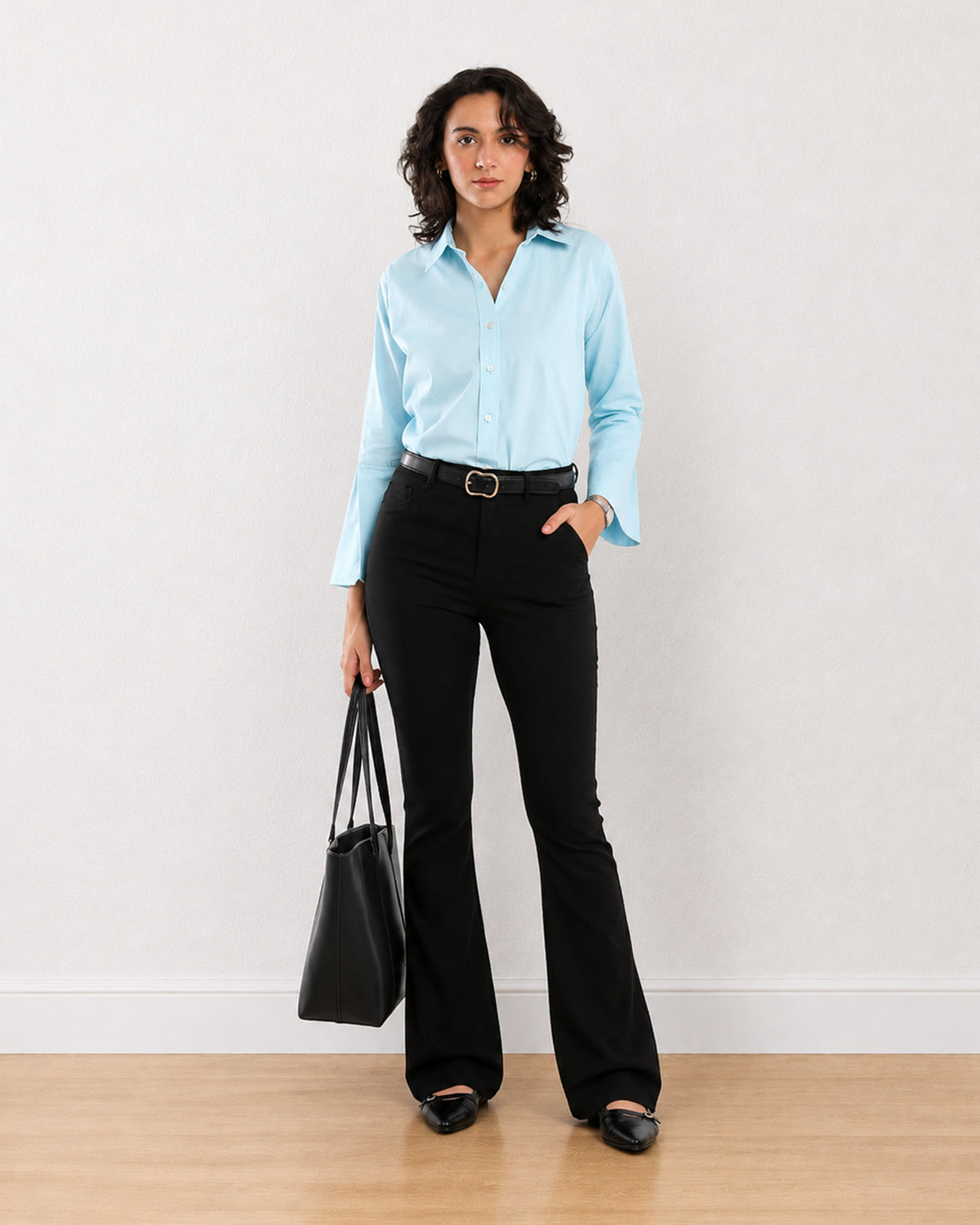 Gazillion Emery sky blue cotton formal shirt for women, full-length front view