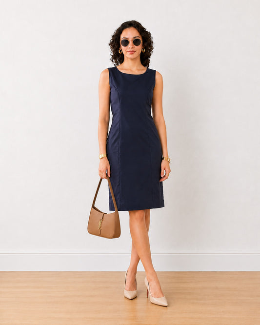 Gazillion Emilia navy blue pinstripes formal sheath dress for women, full-length front view with lining for softness on skin