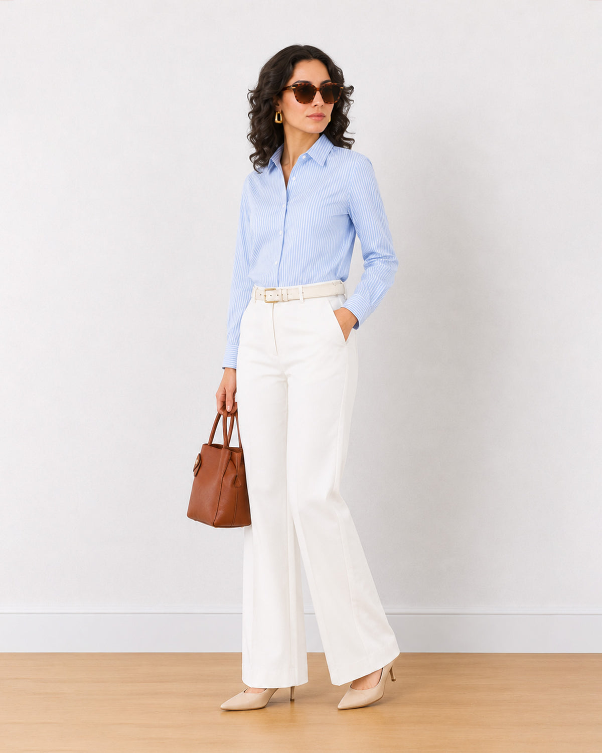 Emma mixed blue and white stripes cotton shirt, angled front view