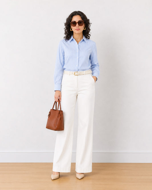 Gazillion Emma mixed blue and white stripes cotton formal shirt for women, full-length front view