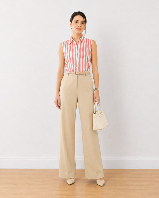 Gazillion Emmy pink stripes soft formal sleeveless shirt for women, full-length front view