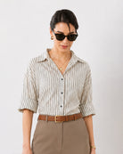Empathy black and ivory cotton shirt with rolled up sleeves and a classic collar, front view