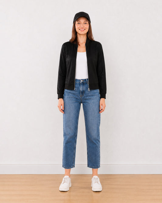 Gazillion Emryn black net cropped bomber jacket for women, full-length front view