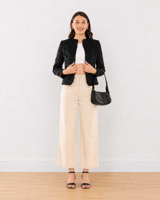 Gazillion Enid black jacquard collarless cropped jacket for women, full-length front view