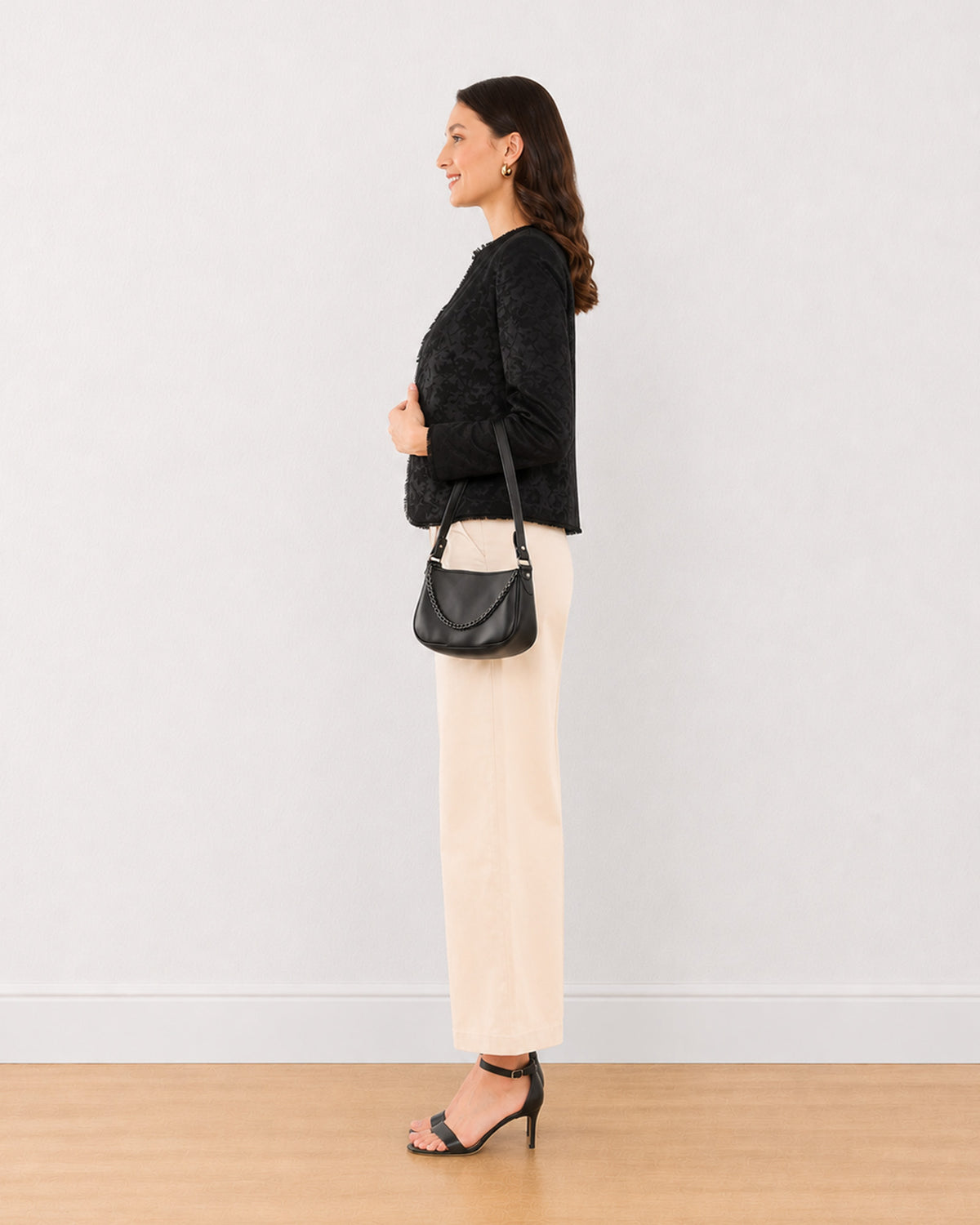 Enid black jacquard collarless cropped jacket, side profile view