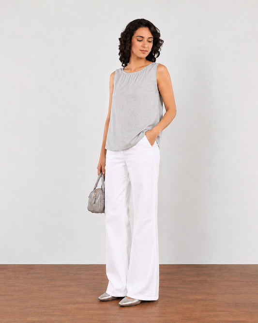 Gazillion Enola grey cotton classy formal sleeveless top for women, full-length front view