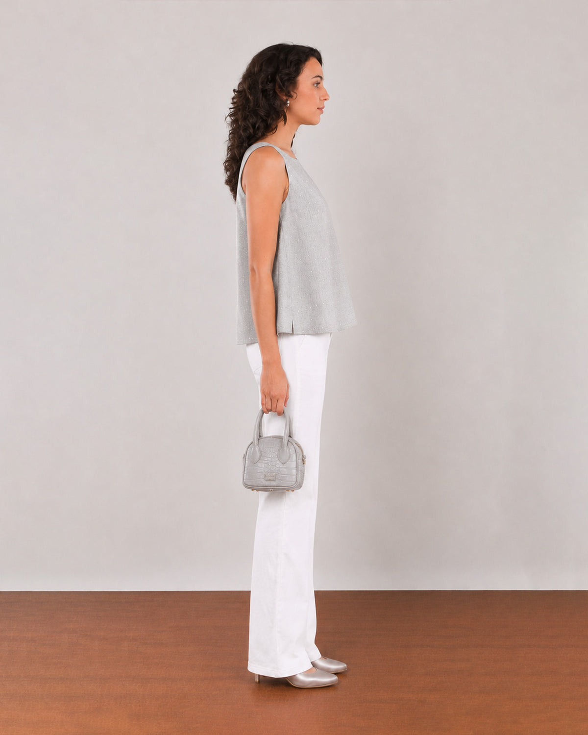 Enola grey cotton dobby straight sleeveless top, side profile view