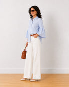 Erica blue and white stripes cotton shirt with 3/4 bell cuffs, angled front view