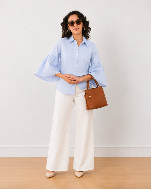Gazillion Erica blue and white stripes stylish formal shirt for women, full-length front view