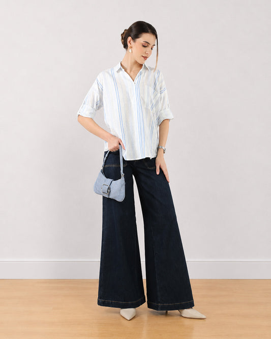 Gazillion Erin blue and white stripes cotton pullover shirt for women, full-length front view