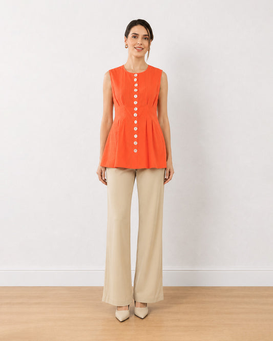 Gazillion Estelle orange sleeveless cotton shirt for women, full-length front view