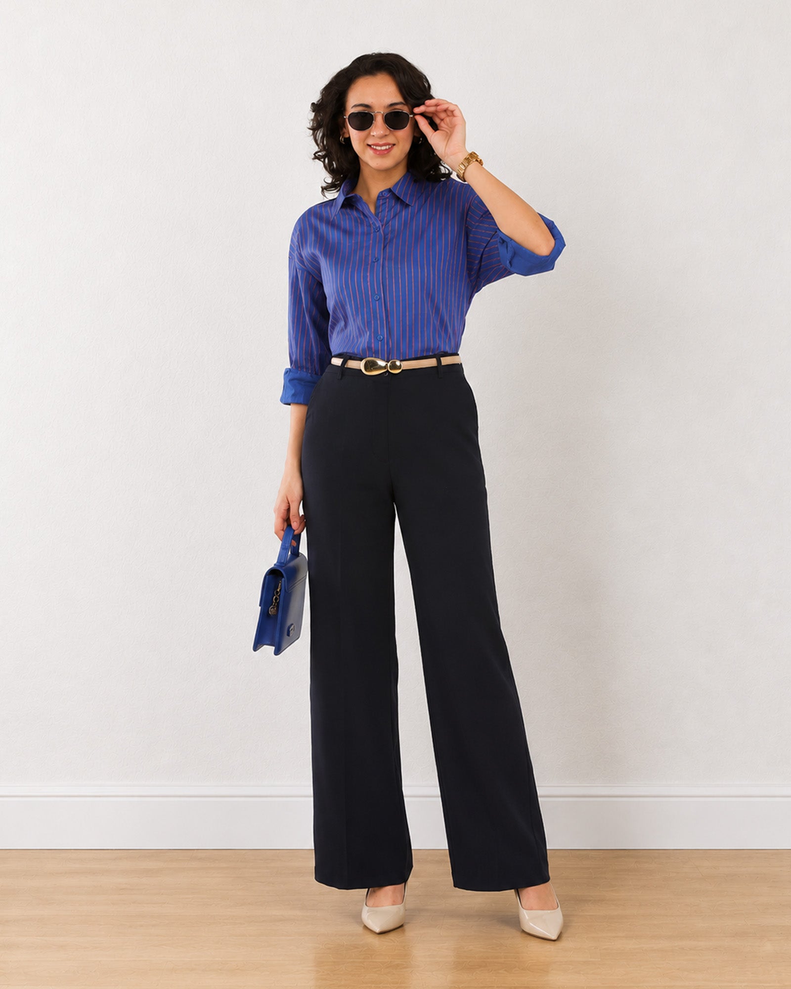 Gazillion Etsy blue and pink stripes cotton formal shirt for women, full-length front view