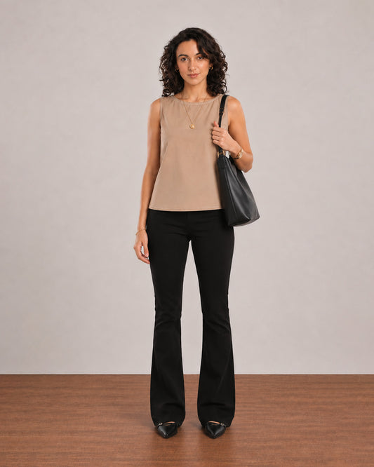 Gazillion Etta beige cotton classy formal sleeveless top for women, full-length front view