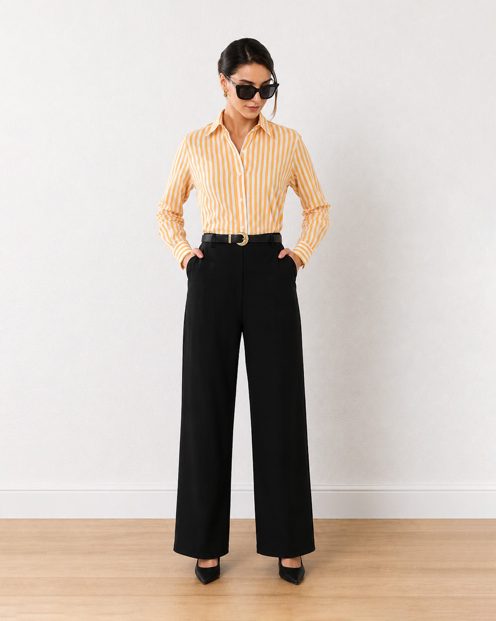 Gazillion Eva yellow stripes cotton formal shirt for women, full-length front view