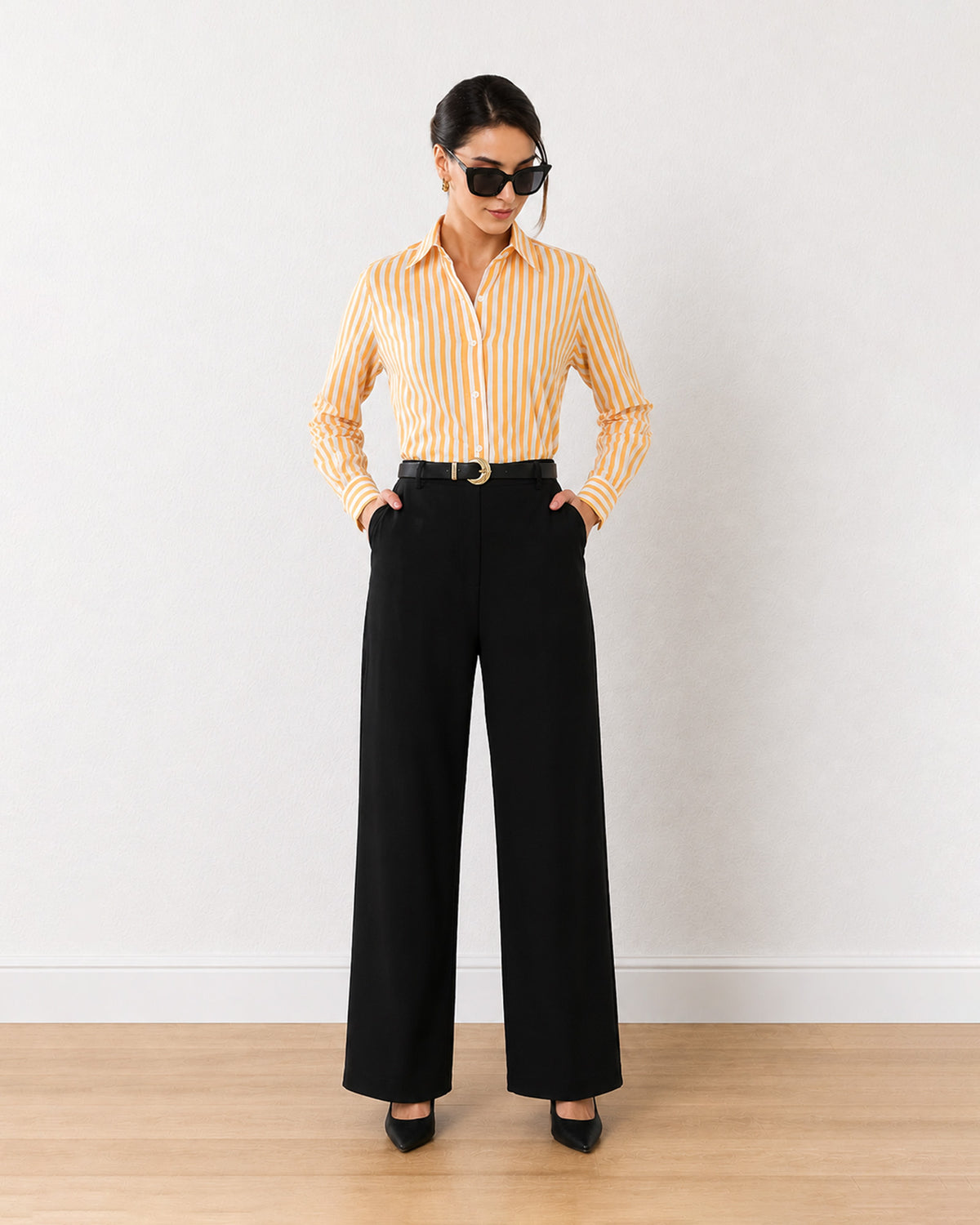 Gazillion Eva yellow stripes cotton formal shirt for women, full-length front view