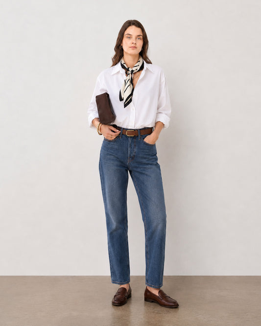 Gazillion Falcon crisp white soft linen formal shirt for women, full-length front view