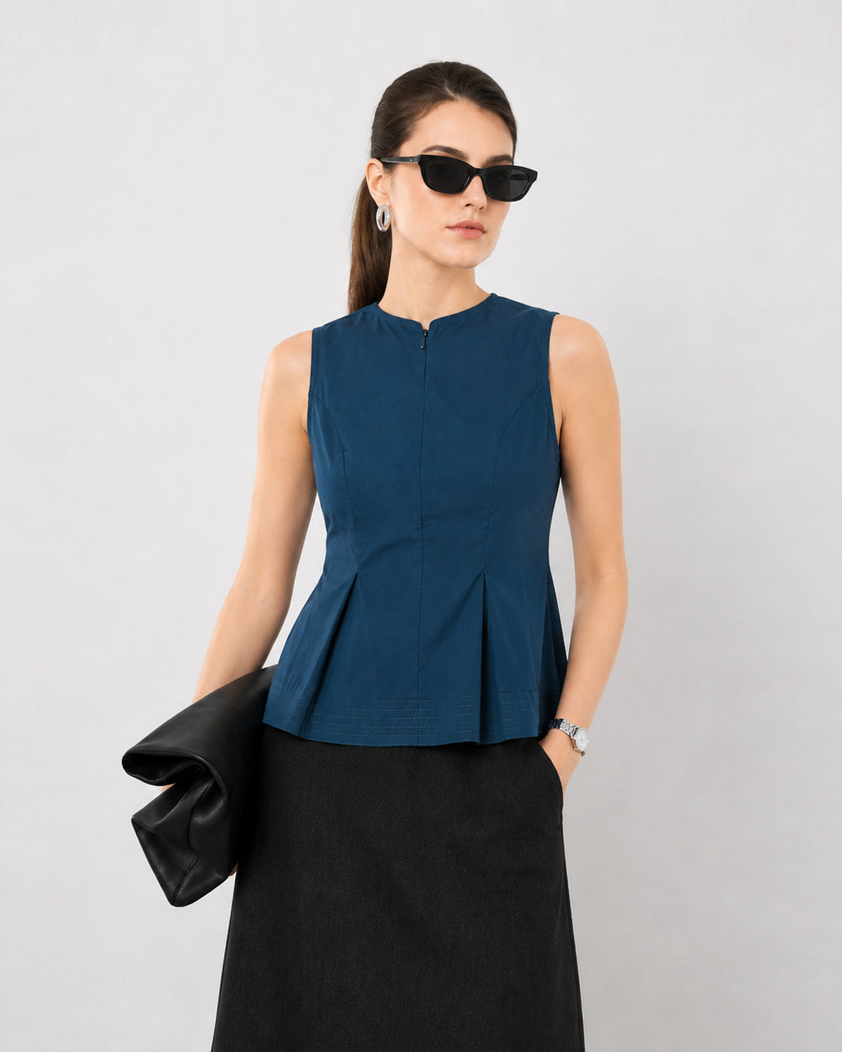 Farina teal pleated sleeveless top, front view