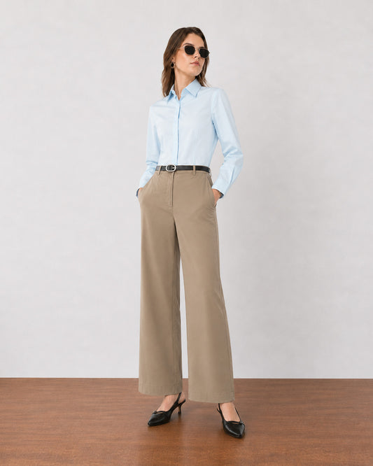 Gazillion Faye khaki cotton flat-front trousers for women, full-length front view