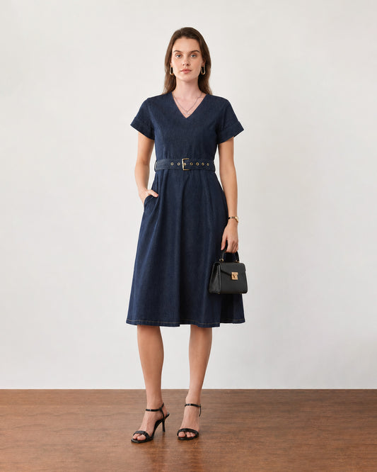 Flora Fit and Flare Formal Denim Dress