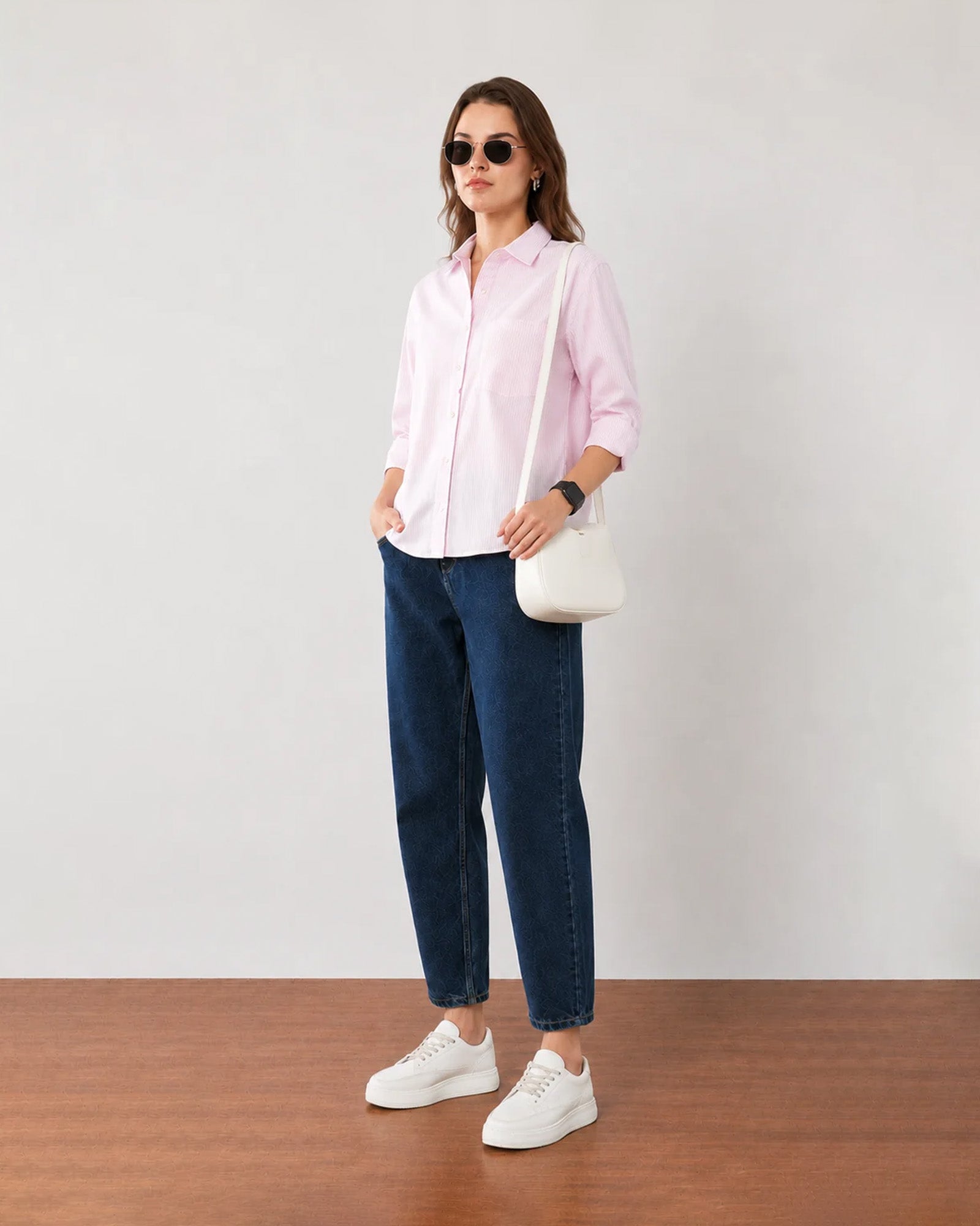 Gazillion Folk stylish pink and white striped cotton shirt for women, full-length front view
