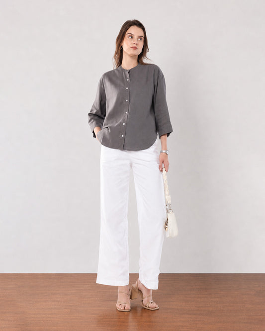 Forest dark grey cotton linen shirt, front view