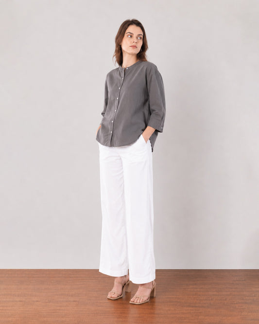Gazillion Forest dark grey cotton linen shirt for women, full-length front view